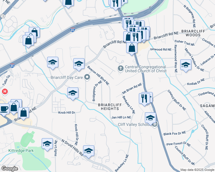 map of restaurants, bars, coffee shops, grocery stores, and more near 1716 Beacon Hill Boulevard Northeast in Atlanta