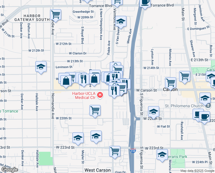 map of restaurants, bars, coffee shops, grocery stores, and more near 941 West Carson Street in Torrance
