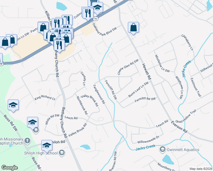 map of restaurants, bars, coffee shops, grocery stores, and more near 3948 Ferncliff Road Southwest in Snellville