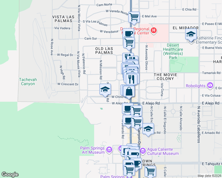 map of restaurants, bars, coffee shops, grocery stores, and more near 630 North Cahuilla Road in Palm Springs