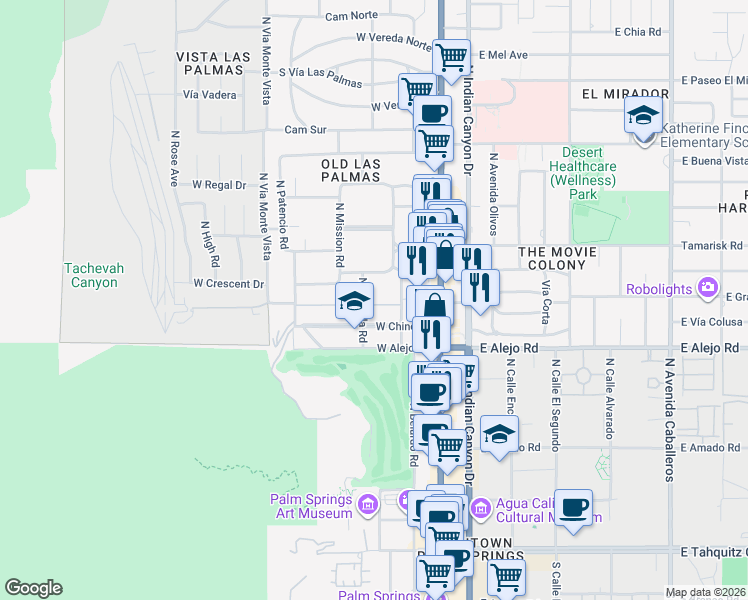 map of restaurants, bars, coffee shops, grocery stores, and more near 271 West Merito Place in Palm Springs
