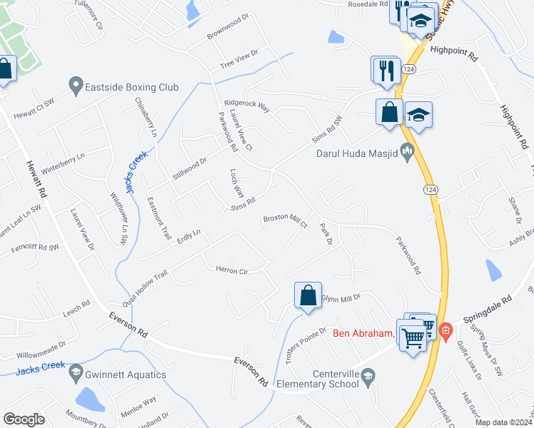 map of restaurants, bars, coffee shops, grocery stores, and more near 2780 Broxton Mill Court in Snellville