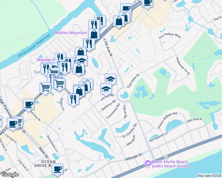map of restaurants, bars, coffee shops, grocery stores, and more near 901 11th Avenue North in North Myrtle Beach