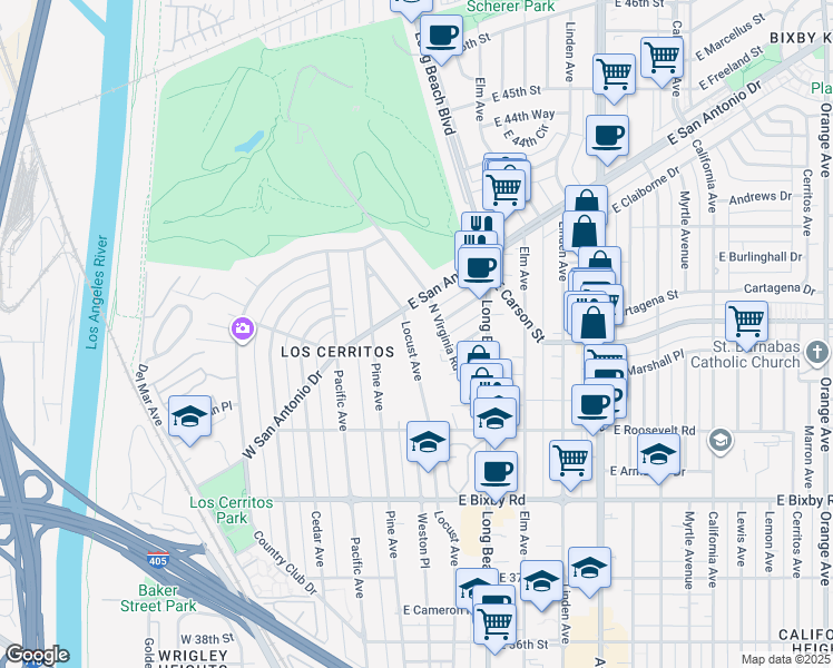 map of restaurants, bars, coffee shops, grocery stores, and more near 4130 Locust Avenue in Long Beach