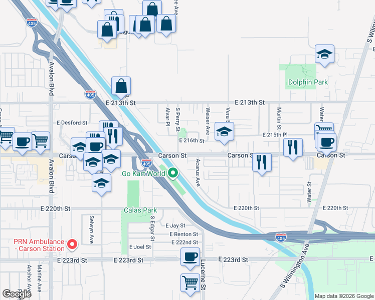 map of restaurants, bars, coffee shops, grocery stores, and more near 1211 East Carson Street in Carson