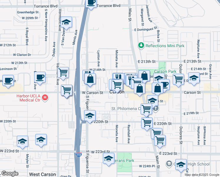 map of restaurants, bars, coffee shops, grocery stores, and more near 327 West Carson Street in Carson