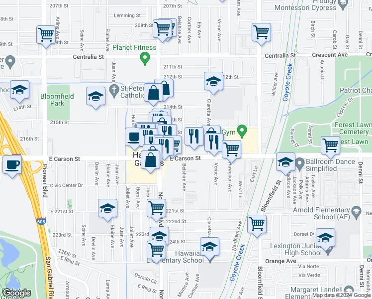 map of restaurants, bars, coffee shops, grocery stores, and more near 21638 Belshire Avenue in Hawaiian Gardens