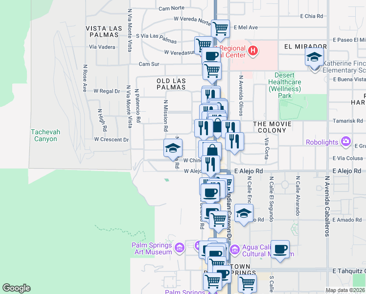 map of restaurants, bars, coffee shops, grocery stores, and more near 630 North Cahuilla Road in Palm Springs