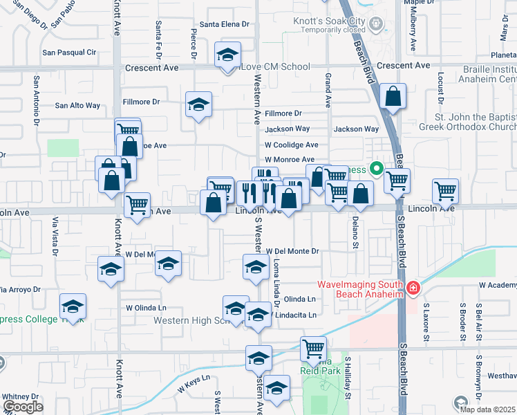 map of restaurants, bars, coffee shops, grocery stores, and more near 2 North Western Avenue in Anaheim