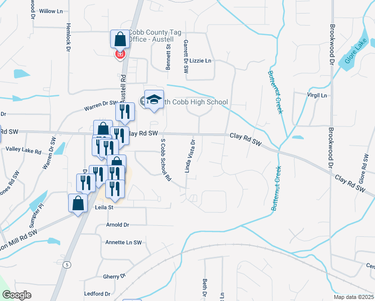 map of restaurants, bars, coffee shops, grocery stores, and more near 4990 Linda Vista Drive in Mableton