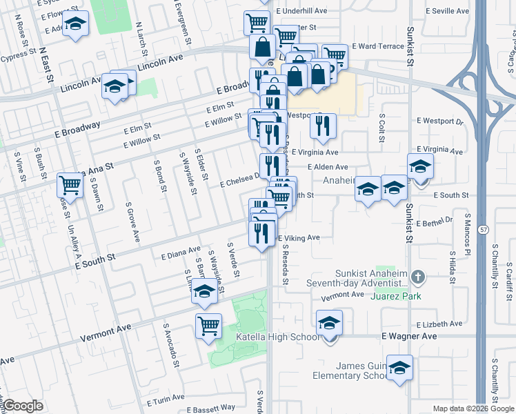 map of restaurants, bars, coffee shops, grocery stores, and more near 1916 East Dover Place in Anaheim