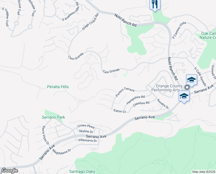 map of restaurants, bars, coffee shops, grocery stores, and more near 2571 Skytop Court in Orange