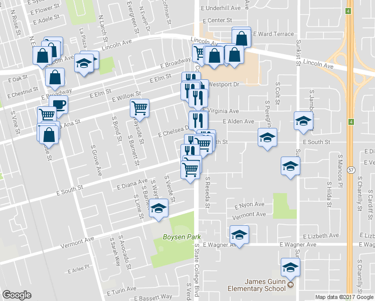 map of restaurants, bars, coffee shops, grocery stores, and more near 1916 East Dover Place in Anaheim