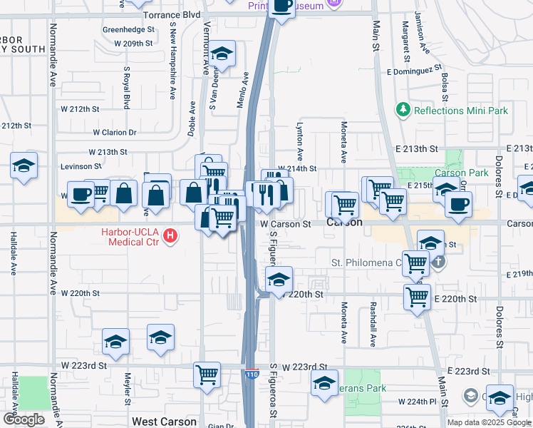 map of restaurants, bars, coffee shops, grocery stores, and more near 51 West 216th Street in Carson