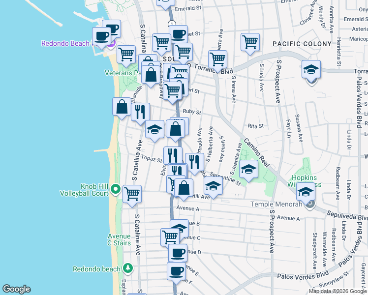 map of restaurants, bars, coffee shops, grocery stores, and more near 608 South Pacific Coast Highway in Redondo Beach