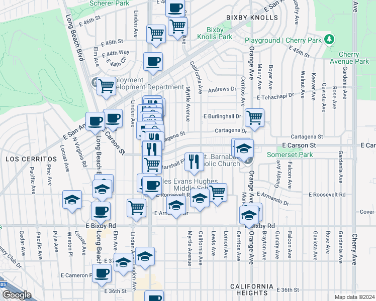 map of restaurants, bars, coffee shops, grocery stores, and more near 836 East Carson Street in Long Beach