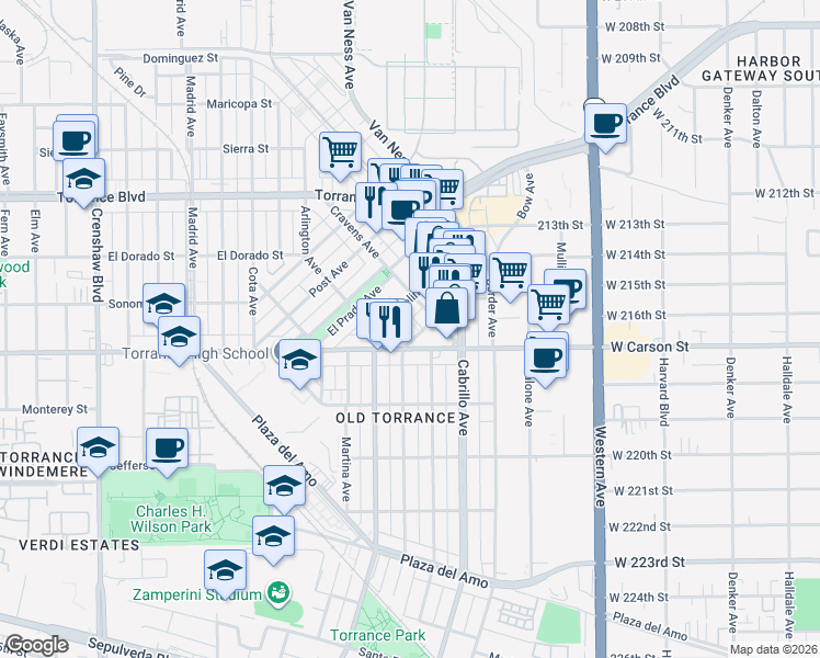 map of restaurants, bars, coffee shops, grocery stores, and more near 1675 Gramercy Avenue in Torrance