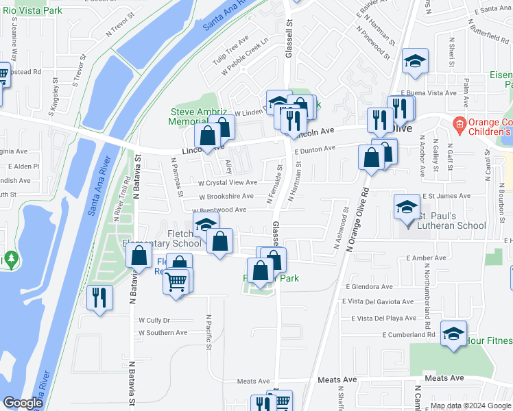 map of restaurants, bars, coffee shops, grocery stores, and more near 147 West Brentwood Avenue in Orange