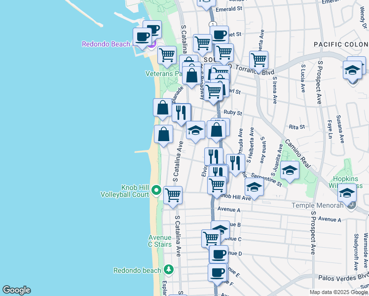 map of restaurants, bars, coffee shops, grocery stores, and more near 620 South Catalina Avenue in Redondo Beach