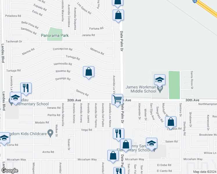map of restaurants, bars, coffee shops, grocery stores, and more near 68933 Risueno Road in Cathedral City