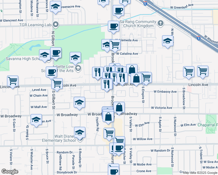 map of restaurants, bars, coffee shops, grocery stores, and more near 2238 West Lincoln Avenue in Anaheim