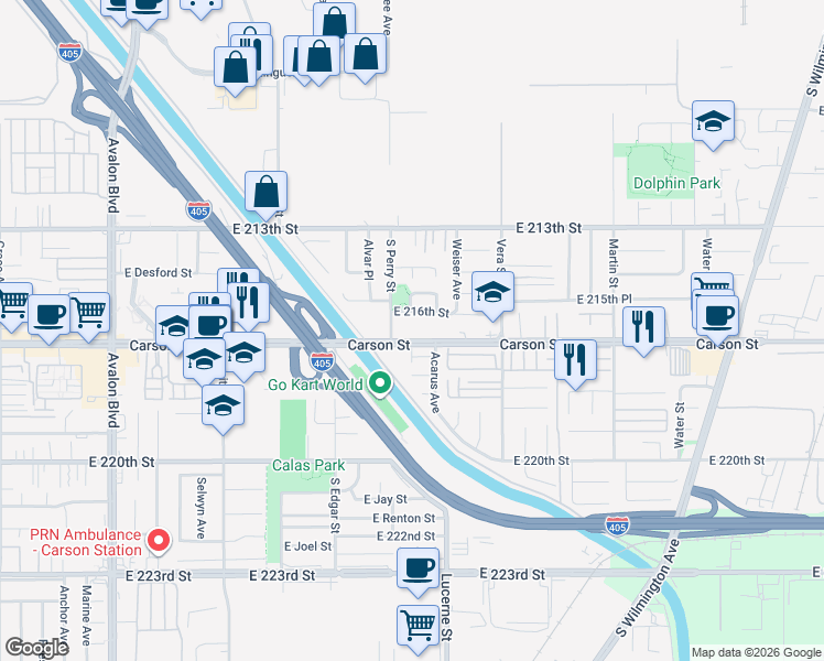 map of restaurants, bars, coffee shops, grocery stores, and more near 1211 East Carson Street in Carson