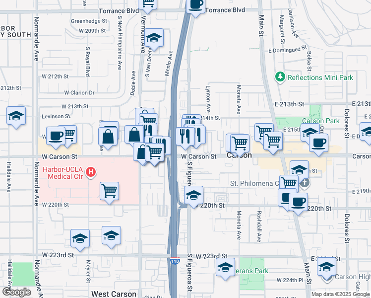 map of restaurants, bars, coffee shops, grocery stores, and more near 21617 South Figueroa Street in Carson