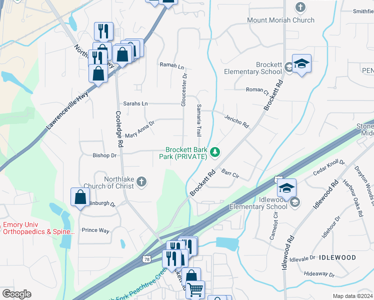 map of restaurants, bars, coffee shops, grocery stores, and more near 1707 Gloucester Way in Tucker