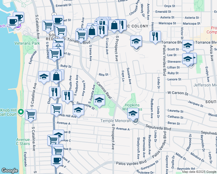 map of restaurants, bars, coffee shops, grocery stores, and more near 814 Camino Real in Redondo Beach