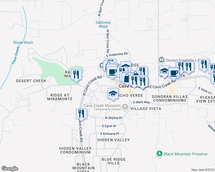 map of restaurants, bars, coffee shops, grocery stores, and more near 6025 East Cave Creek Road in Cave Creek