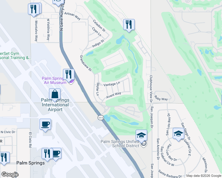 map of restaurants, bars, coffee shops, grocery stores, and more near 703 Bliss Way in Palm Springs