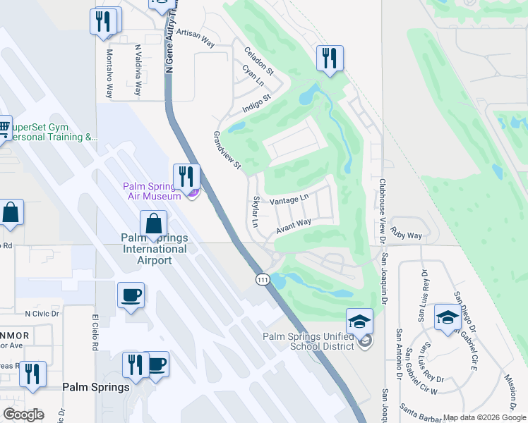map of restaurants, bars, coffee shops, grocery stores, and more near 4314 Vantage Lane in Palm Springs
