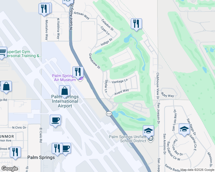 map of restaurants, bars, coffee shops, grocery stores, and more near 4314 Vantage Lane in Palm Springs