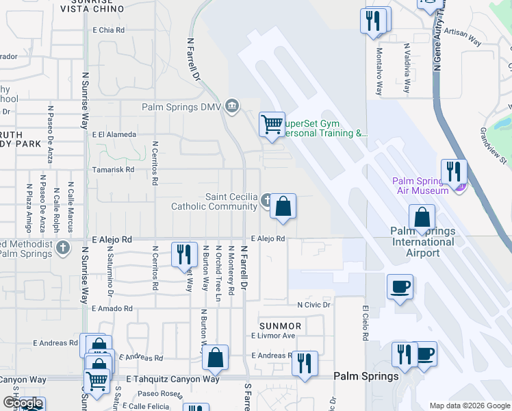 map of restaurants, bars, coffee shops, grocery stores, and more near 12 North Juanita Drive in Palm Springs