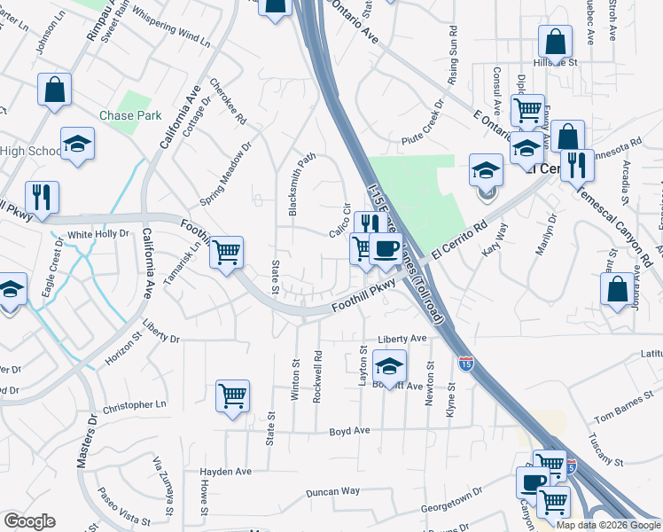 map of restaurants, bars, coffee shops, grocery stores, and more near 1801 Marquez Way in Corona