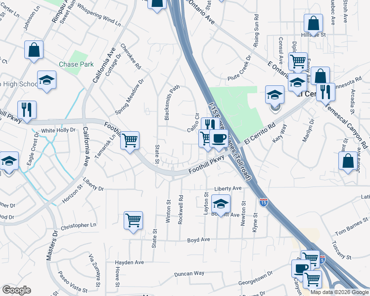 map of restaurants, bars, coffee shops, grocery stores, and more near 1801 Marquez Way in Corona