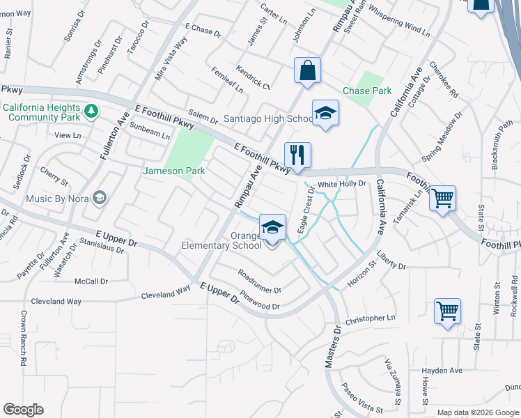map of restaurants, bars, coffee shops, grocery stores, and more near 1320 Longwood Pines Lane in Corona