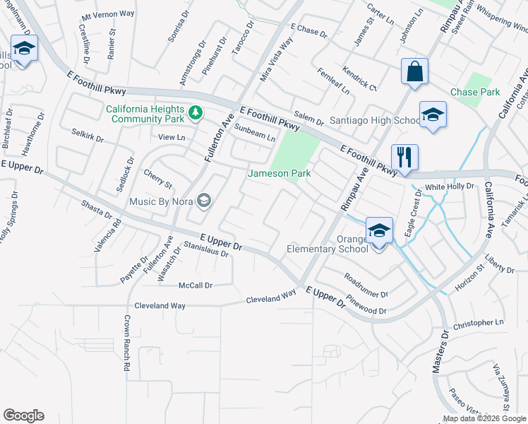 map of restaurants, bars, coffee shops, grocery stores, and more near 1146 Oak Grove Circle in Corona