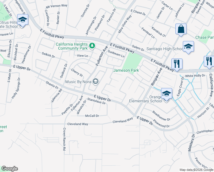 map of restaurants, bars, coffee shops, grocery stores, and more near 3586 Grovedale Street in Corona