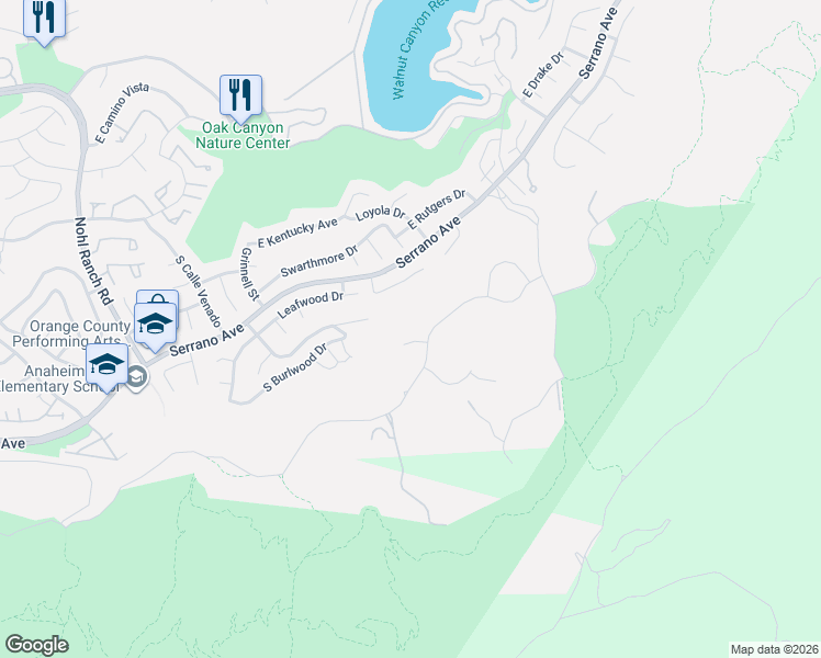 map of restaurants, bars, coffee shops, grocery stores, and more near 6913 East Avenida De Santiago in Anaheim