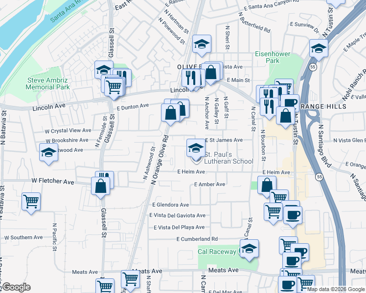 map of restaurants, bars, coffee shops, grocery stores, and more near 2620 North Dunbar Street in Orange