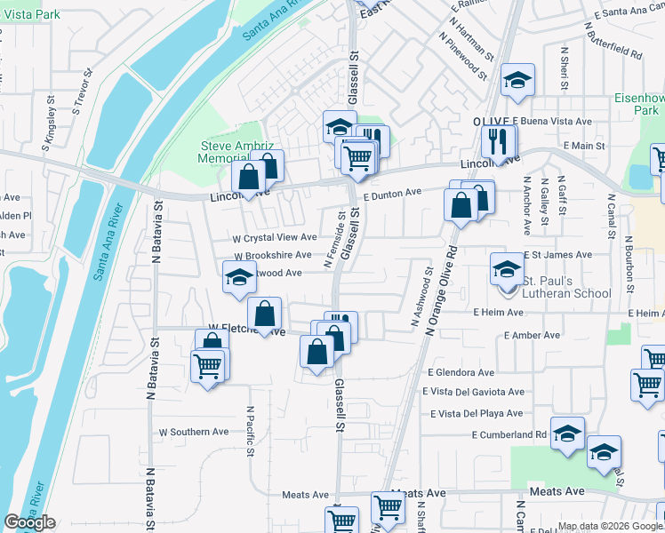 map of restaurants, bars, coffee shops, grocery stores, and more near 124 West Brookshire Avenue in Orange