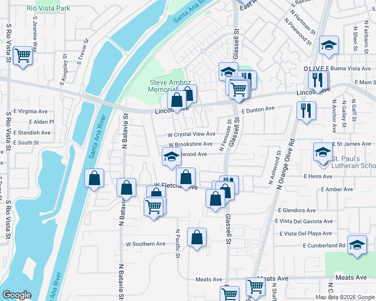 map of restaurants, bars, coffee shops, grocery stores, and more near 404 West Brookshire Avenue in Orange