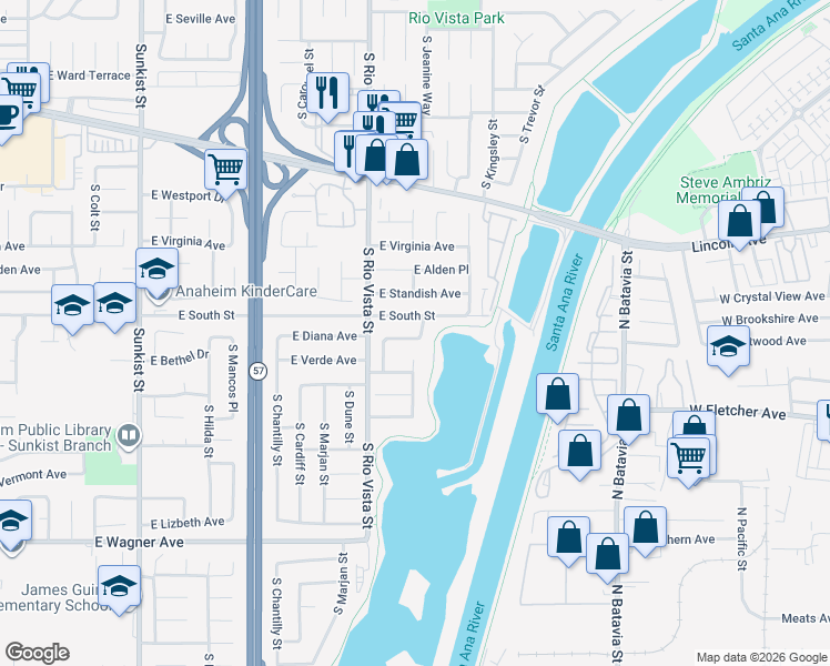 map of restaurants, bars, coffee shops, grocery stores, and more near 2836 East South Street in Anaheim