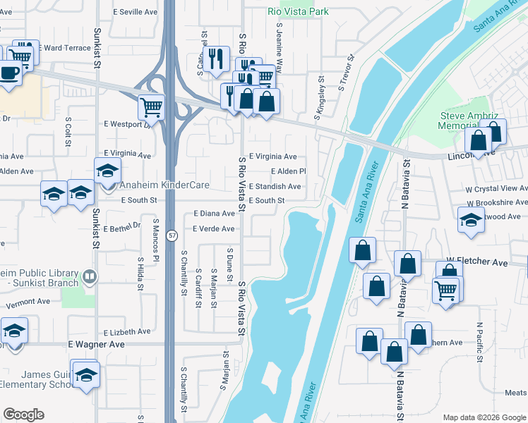 map of restaurants, bars, coffee shops, grocery stores, and more near 2836 East South Street in Anaheim