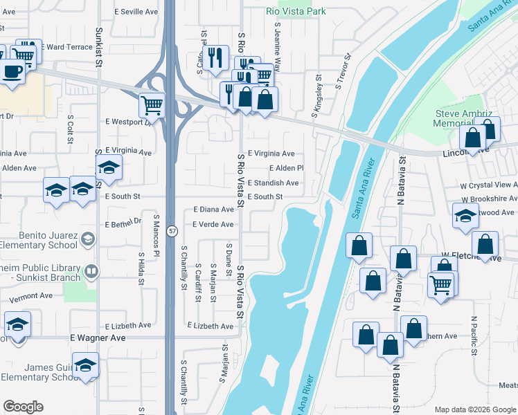 map of restaurants, bars, coffee shops, grocery stores, and more near 2836 East South Street in Anaheim