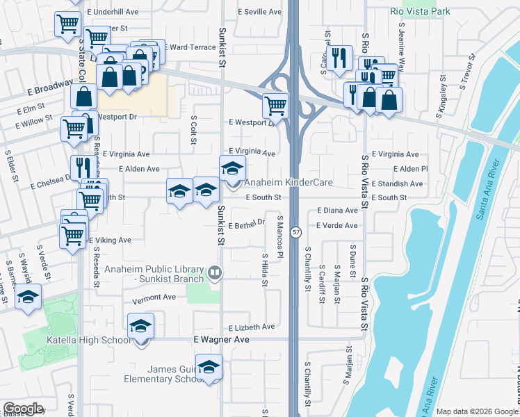 map of restaurants, bars, coffee shops, grocery stores, and more near 2617 East Diana Place in Anaheim