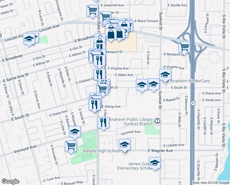 map of restaurants, bars, coffee shops, grocery stores, and more near 2216 East South Street in Anaheim
