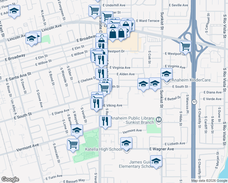 map of restaurants, bars, coffee shops, grocery stores, and more near 701 South Plymouth Place in Anaheim