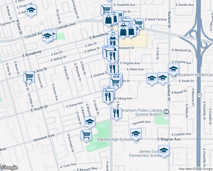 map of restaurants, bars, coffee shops, grocery stores, and more near 715 State College Boulevard in Anaheim